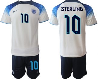 STERLING #10 Herren England Fußball-WM 2022 Heimtrikot weiß blau Kurzarm + Kurze Hosen