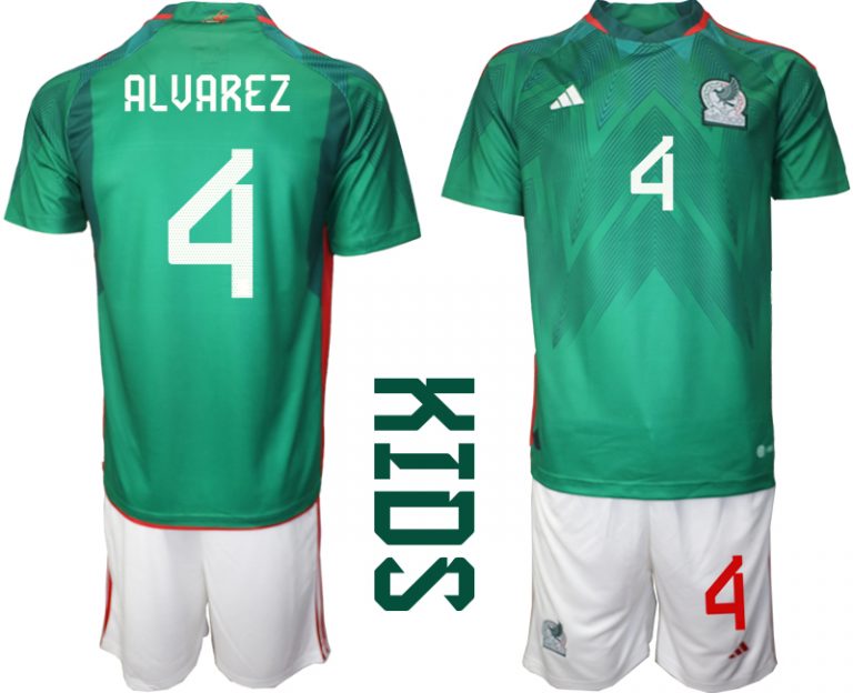 ALVAREZ 4 Kinder Heimtrikot Mexiko WM 2022 Grün Kurzarm + Kurze Hosen