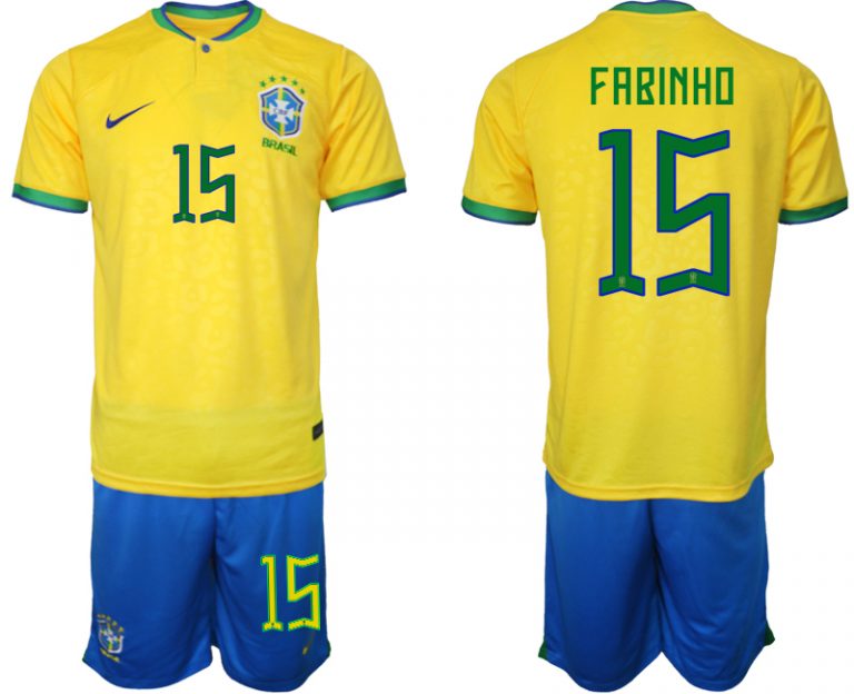 Brasilien WM 2022 Trikot gelb Kurzarm Trikotsatz Herren Fußballtrikots FABINHO 15