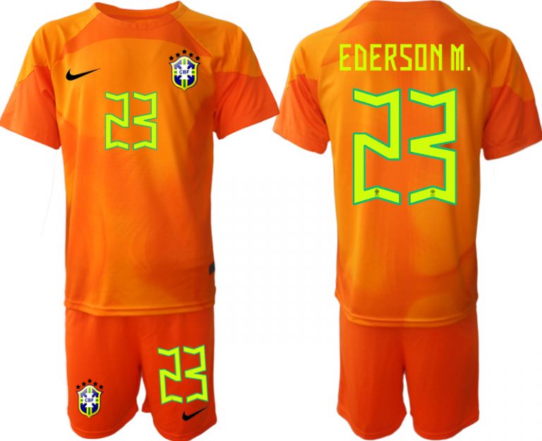 Fußballtrikot für Herren Brasilien Torwarttrikot 2023 Trikotsatz Kit mit Aufdruck EDERSON M. 23