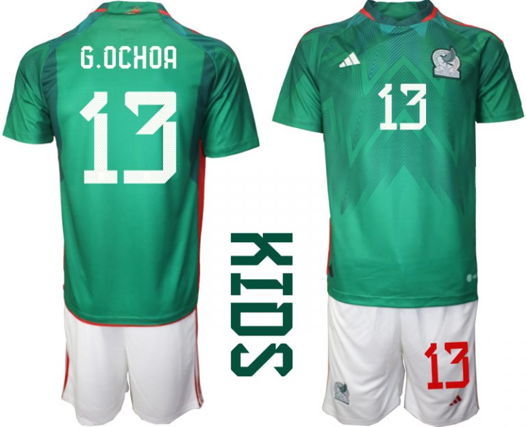 G.OCHOA 13 Kinder Heimtrikot Mexiko WM 2022 Grün Kurzarm + Kurze Hosen
