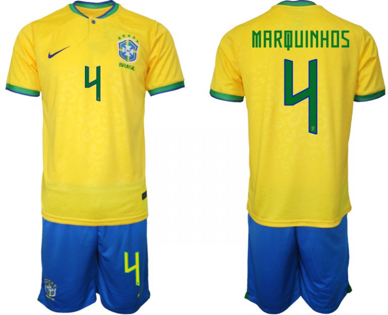 Günstig Heimtrikot Brasilien WM 2022 Trikot gelb Trikotsatz für Herren MARQUINHOS 4