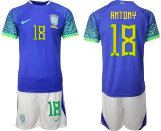 Günstig Herren Brasilien WM 2022 Auswärtstrikot blaue Kurzarm + Kurze Hosen ANTONY 18
