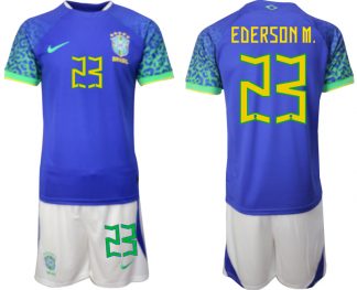 Günstig Herren Brasilien WM 2022 Auswärtstrikot blaue Kurzarm + Kurze Hosen EDERSON M. 23