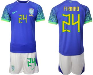 Günstig Herren Brasilien WM 2022 Auswärtstrikot blaue Kurzarm + Kurze Hosen FIRMINO 24