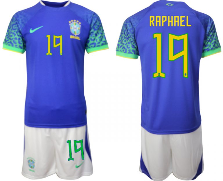 Günstig Herren Brasilien WM 2022 Auswärtstrikot blaue Kurzarm + Kurze Hosen RAPHAEL 19