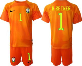 Herren Brasilien Torwarttrikot 2023 orange Kurzarm Fußballtrikots Set A.BECKER 1