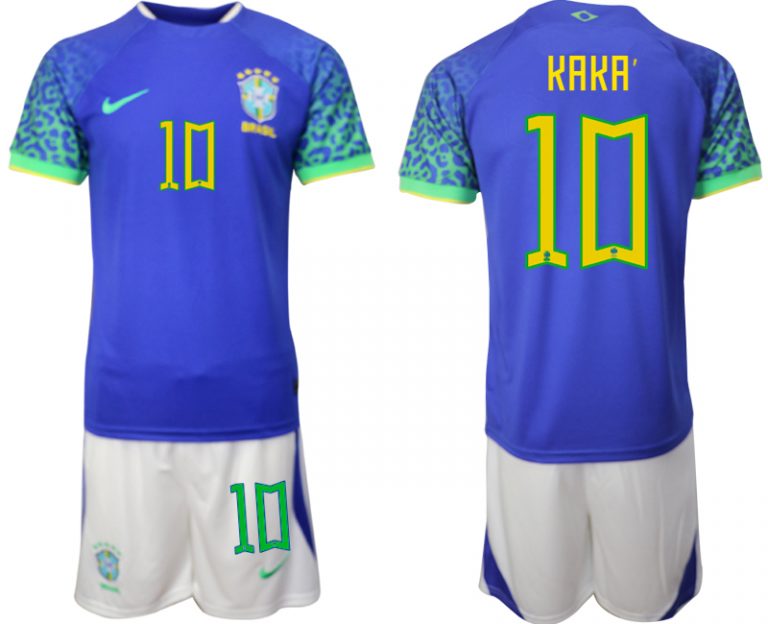 Herren Brasilien WM 2022 Auswärtstrikot blaue Fußballtrikots Set KAKA'10