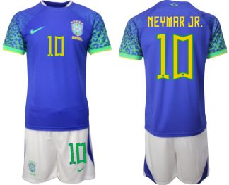 Herren Brasilien WM 2022 Auswärtstrikot blaue Fußballtrikots Set NEYMAR JR. 10