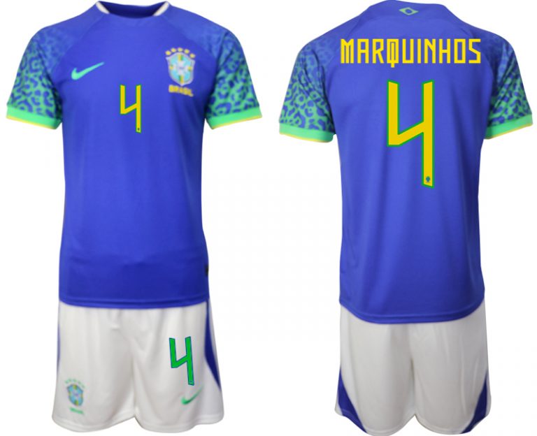 Herren Brasilien WM 2022 Auswärtstrikot blaue Kurzarm + Kurze Hosen MARQUINHOS 4