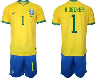 Herren Heimtrikot Brasilien WM 2022 Trikot gelb Kurzarm + Kurze Hosen A.BECKER 1