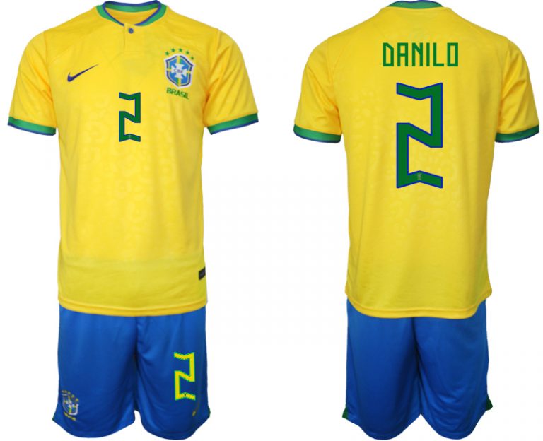 Herren Heimtrikot Brasilien WM 2022 Trikot gelb Kurzarm + Kurze Hosen DANILO 2