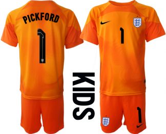 Kinder Fußball Trikot England Torwarttrikot 2022/23 orange mit Aufdruck PICKFORD 1