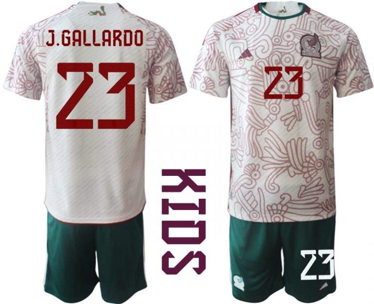 Kinder Fußball Trikot Mexiko 2022 WM Auswärtstrikot Trikotsatz Kit mit Namen J.GALLARDO 23