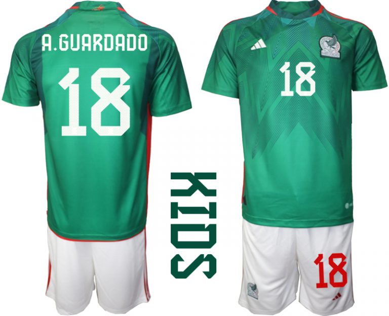 Kinder Heimtrikot Mexiko WM 2022 Grün Trikotsatz Kit mit Aufdruck A.GUARDADO 18