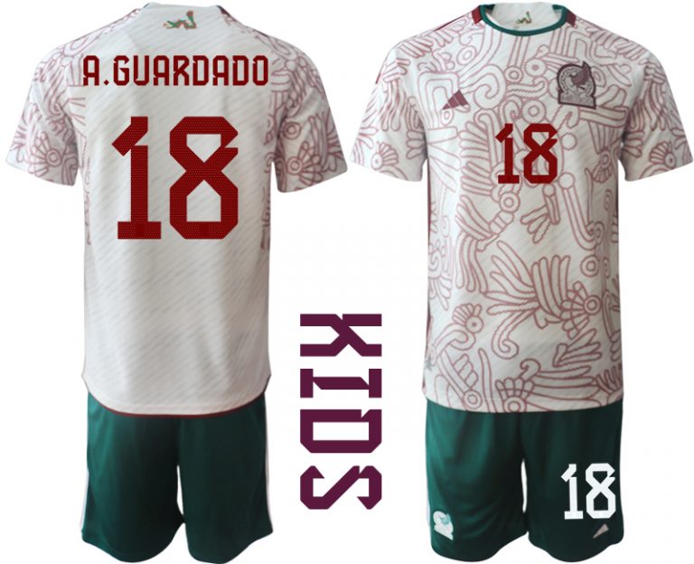 Kinder Mexiko 2022 WM Auswärtstrikot Kurzarm + Kurze Hosen mit Aufdruck A.GUARDADO 18