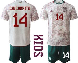Kinder Mexiko 2022 WM Auswärtstrikot Kurzarm + Kurze Hosen mit Aufdruck CHICHARITO 14