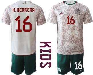 Kinder Mexiko 2022 WM Auswärtstrikot Kurzarm + Kurze Hosen mit Aufdruck H.HERRERA 16