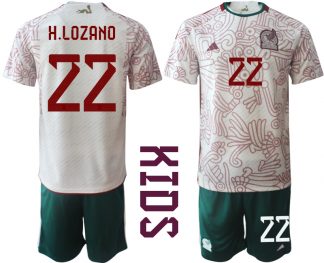 Kinder Mexiko 2022 WM Auswärtstrikot Kurzarm + Kurze Hosen mit Aufdruck H.LOZANO 22