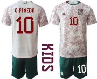 Kinder Mexiko 2022 WM Auswärtstrikot Kurzarm + Kurze Hosen mit Aufdruck O.PINEDA 10