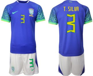 Neuen Herren Brasilien WM 2022 Auswärtstrikot blaue Trikotsatz mit Aufdruck T.SILVA 3