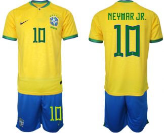 Neuen Herren Brasilien WM 2022 Trikot gelb Kurzarm + Kurze Hosen NEYMAR JR.10