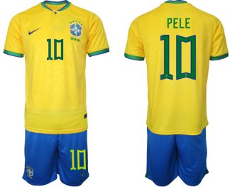 Neuen Herren Brasilien WM 2022 Trikot gelb Kurzarm + Kurze Hosen PELE 10