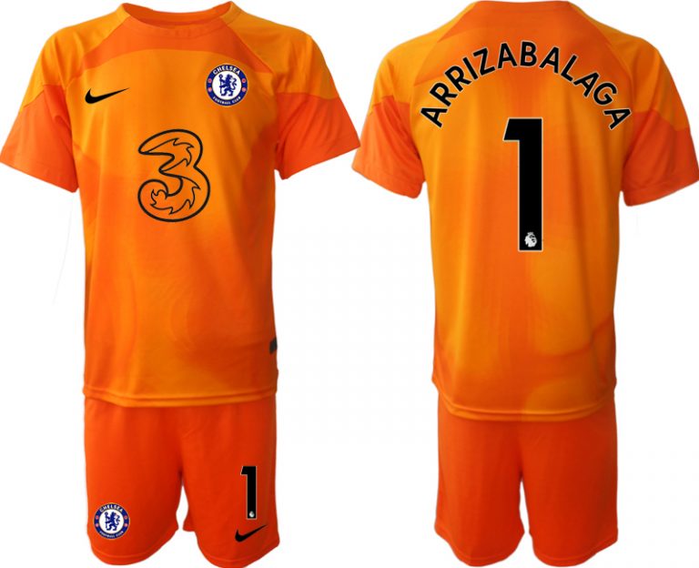 Herren Chelsea FC 2023 Torwarttrikot orange Fußballtrikots Set mit Aufdruck ARRIZABALAGA 1