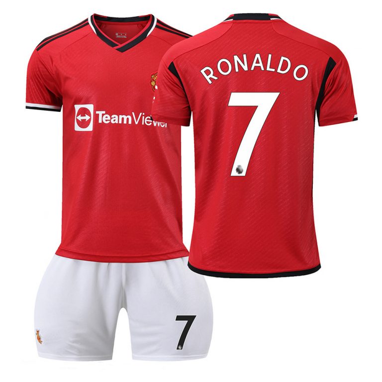 Kinder Fußballtrikots Manchester United 2023-24 Trikot rot Kurzarm + weiss Kurze Hosen RONALDO 7