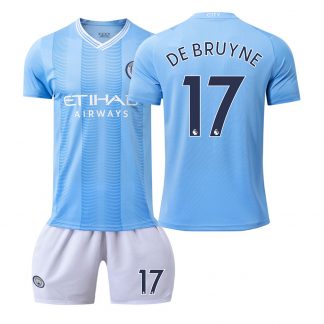 Kinder Manchester City 2023-24 Heimtrikot Blau Kurzarm + weiss Kurze Hosen DE BRUYNE 17