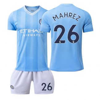 Kinder Manchester City 2023-24 Heimtrikot Blau Kurzarm + weiss Kurze Hosen MAHREZ 26