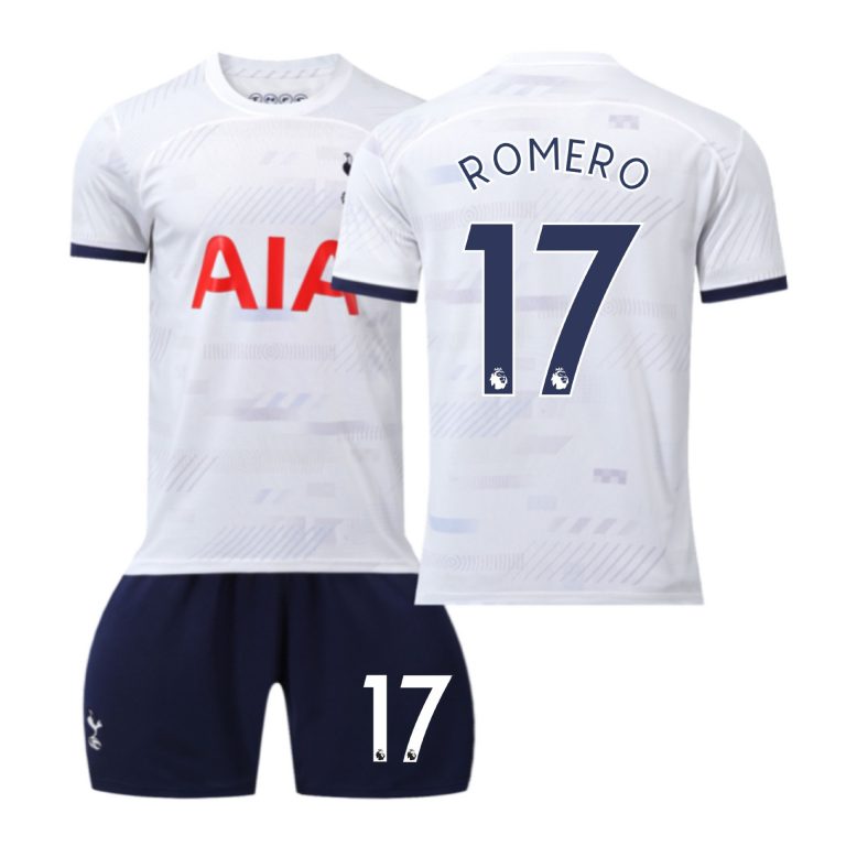 Kinder Tottenham Hotspur 2023-24 Heimtrikot weiss Kurzarm + Blau Kurze Hosen ROMERO 17